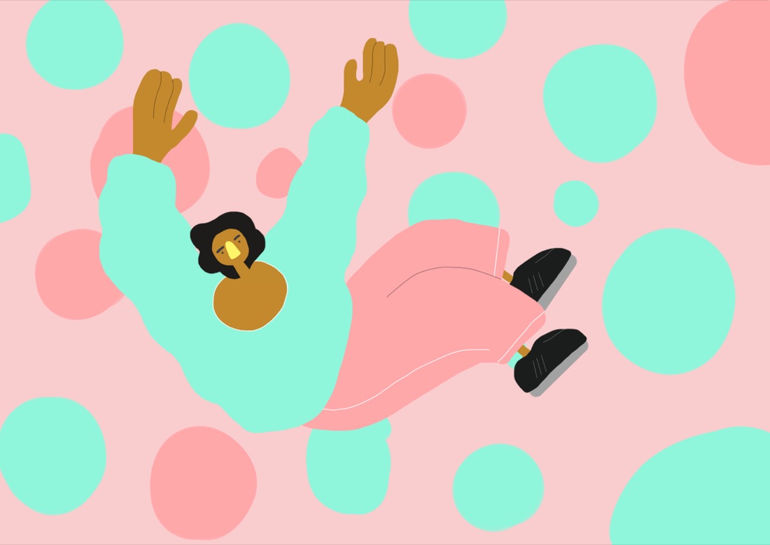 Illustrazione: un uomo che cade sul fondo a pois